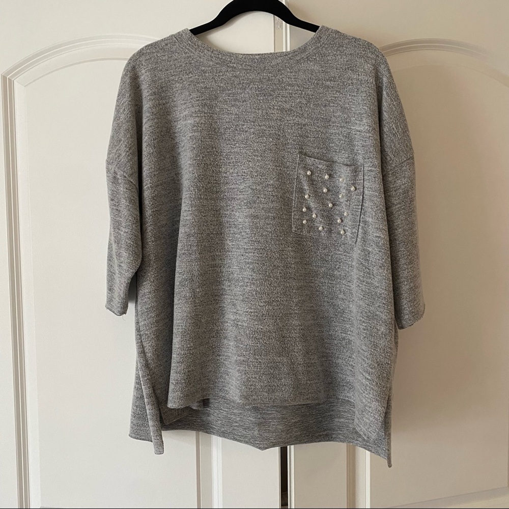 Xhilaration Boxy Grey Short Sleeve Top Pearl Embellished Pocket Size Medium